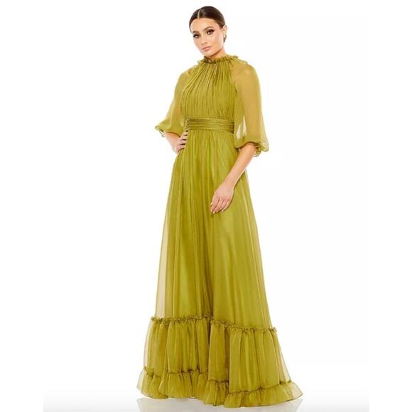 Mac Duggal Dresses & Skirts - MAC DUGGAL Dress Size 2 Evening Gown Chiffon Ruched Illusion Raglan Sleeve Green